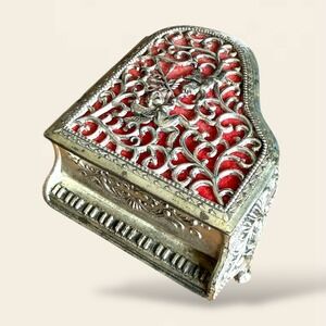 Vintage Silver Metal Grand Piano Cupid Cherub Jewelry Trinket Music Box Working